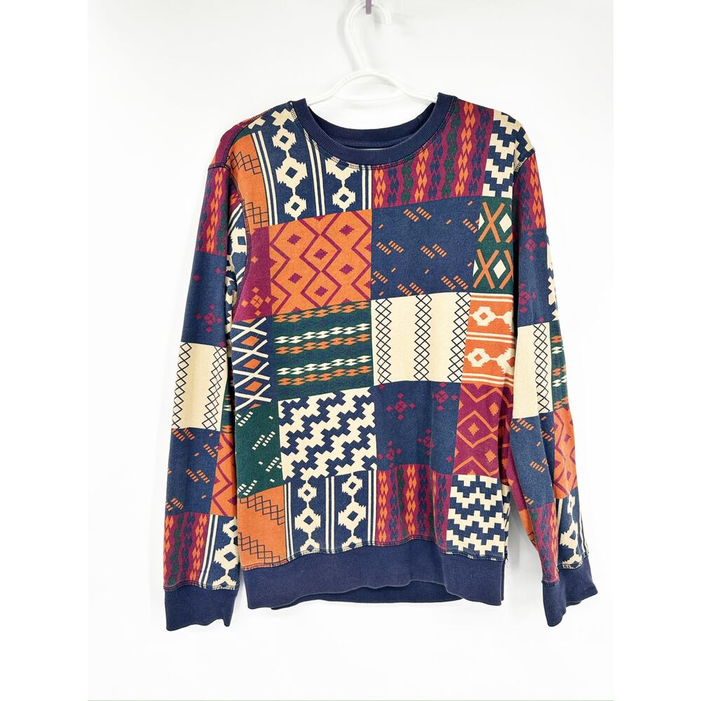Character Hero Navy Orange Southwestern Aztec Retro Crewneck‎ Sweatshirt Men’s M